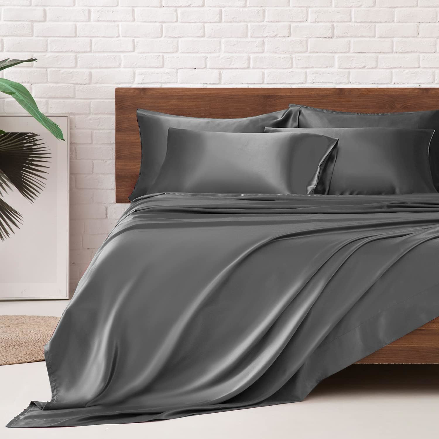 Queen Satin Bed Sheets Set, 6 Pcs Silky Bedding, 15 Deep Pocket, Dark Grey