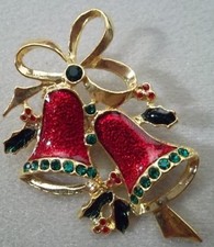 Christmas Bells Brooch Pin With 17 Crystal Stones in Gold Plate Made in USA NEW