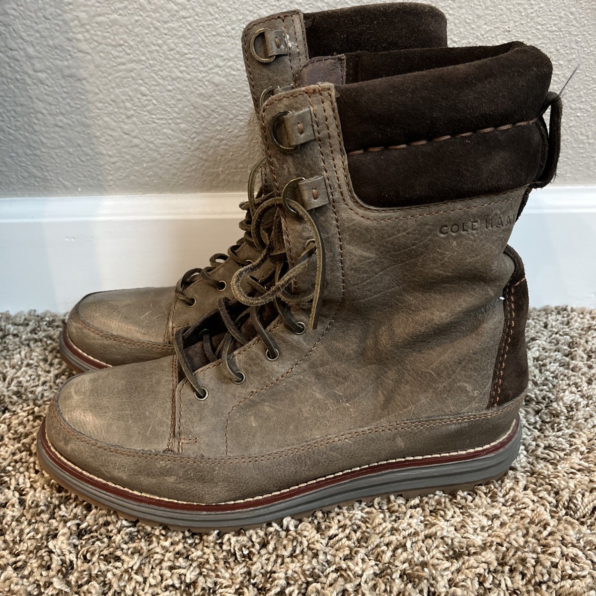 Cole Haan Womens 9.5 Leather Waterproof Brown Lace Up Boots 
