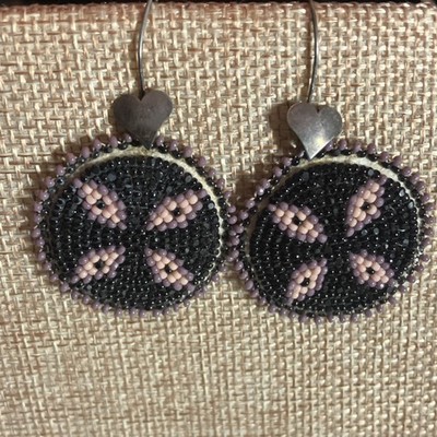 Native American Handmade Beaded Earrings Black Purple Vintage Sterling hooks 