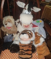 Lot Of Six Hand Puppets LG Zebra Dolphin 2 Tigers Lion And Mouse