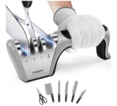Longzon 4-in-1 Knife Sharpener [4 Stage] with a Pair of Cut-Resistant Glove