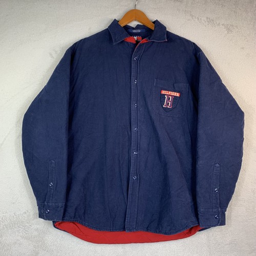 Tommy Hilfiger, Vintage Tommy Hilfiger Jacket Mens Large Blue Flannel Quilted Varsity H Logo 90s