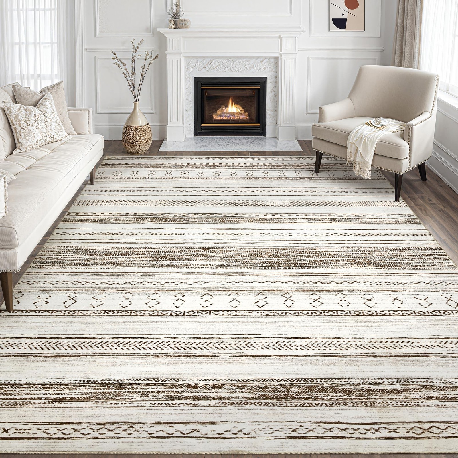 Tortania Area Rug Living Room Rugs - 8x10 Washable Large Soft Neutral Boho Mo...