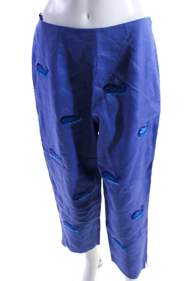 Pantalones de lino recortados de ballena bordados tiro alto azul talla 12 CJ Laing para mujer Foto 2 de 4
