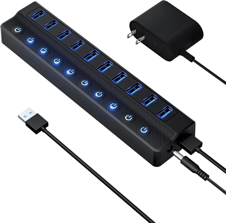 USB Hub 10 Port USB 3.0 Splitter Fast Data Transfer with Power Switches - Image 3 of 4