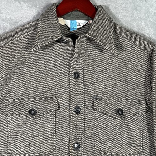Woolrich Jacket Mens L Gray Wool Herringbone Tweed CPO Shirt Jacket *FLAWS