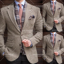 Woolen Men's Tweed Suit Business Workwear Tuxedo Jacket Offical Formal 2Pcs