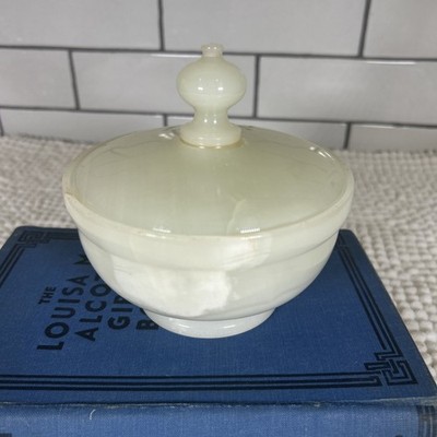 White Onyx Marble Lidded Jar Trinket Candy Dish Cream Heavy App 5''x5''