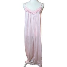 Vtg Pink Nylon Long Gown Slip Dress Lace Trim Medium Ruffle Coquette Feminine