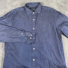 Tommy Hilfiger Men's Shirt L Chambray Blue Button Up Flag Logo American Classic