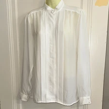 Vintage 70s/80s Astor One White High Neck Pleat Front Long Sleeve Blouse