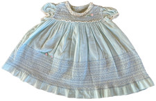 VTG 60s BABY Classic Smocked Rosette Tie-Back Bow Lace Puff Sleeve Dress 6-12M