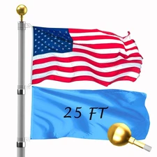 25FT Telescopic Flag Pole Kit: Extra Thick Telescoping Flag Poles, Silver Hea...