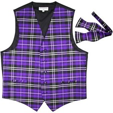 New Men's Plaid Tuxedo Vest Waistcoat Free Style Self Tie Bowtie Purple formal