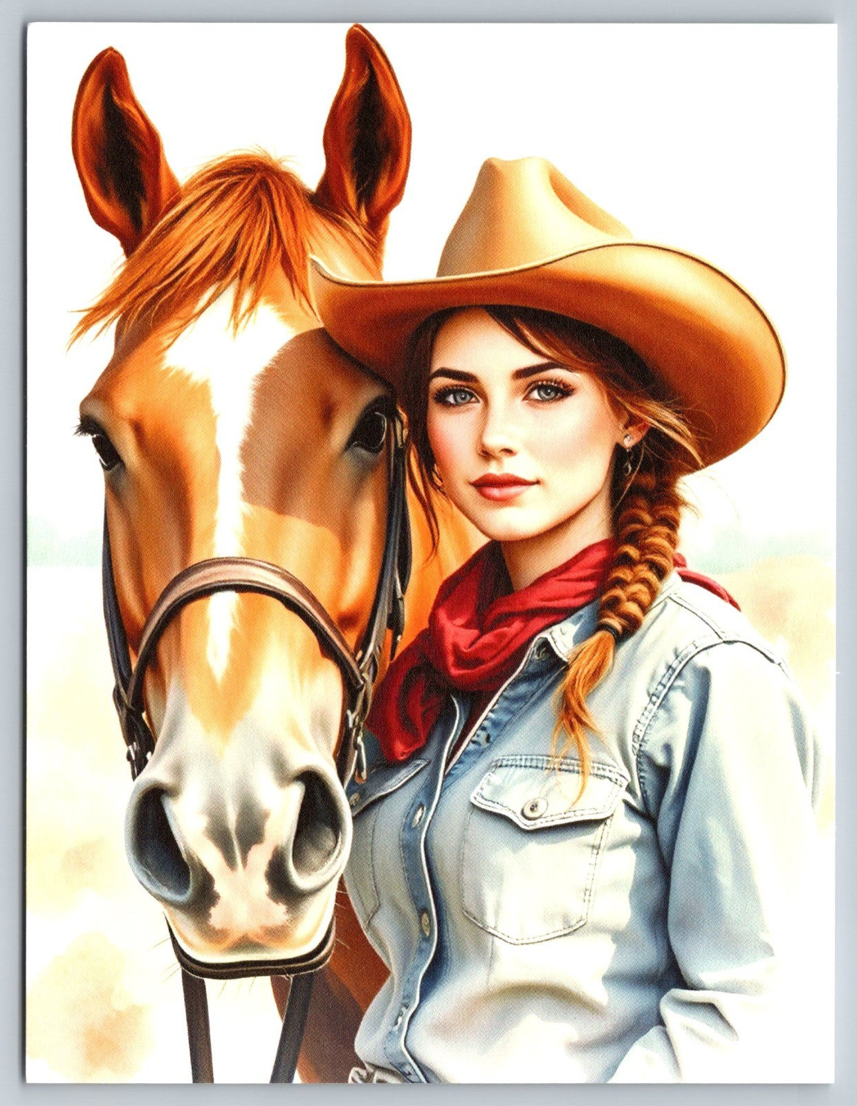 Postcard NEW Blue-Eyed Cowgirl with Quarter Horse Red Hair Art Portrait A70