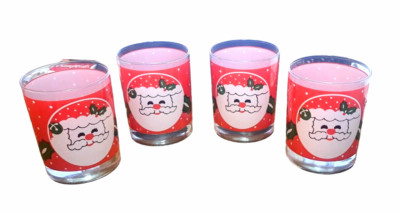 Vintage Libbey Santa Claus Holly Polka Dot Drinking Glasses Set of 4 Grandma