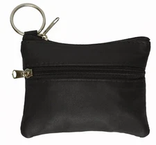 Black Leather Coin Purse Mini Wallet Key Pouch 2 Zippered Sections ID Slot