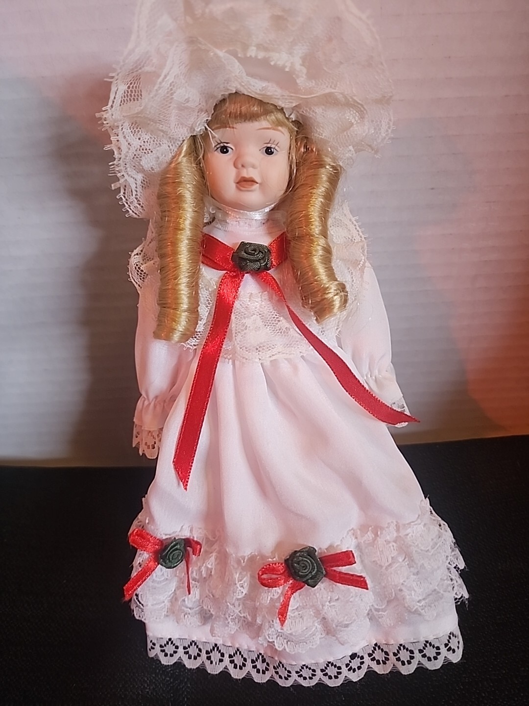 T144 Sign Small Porcelain Doll Victorian White Dress With Red Bows (T144) | eBay