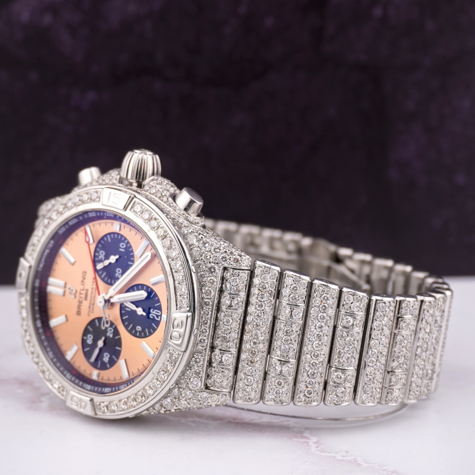 Breitling Chronomat 42mm Copper Dial 22ct Iced Out Diamond Mens 