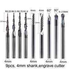 9pcs 4.0mm Shank Carbide CNC Solid engraving bits milling cutter woodwork set