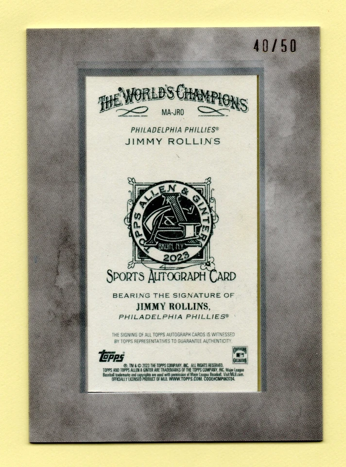 2023 Topps Allen & Ginter X SILVER FRAMED Jimmy Rollins #/50 AUTO - PHILLIES - Image 2 of 2
