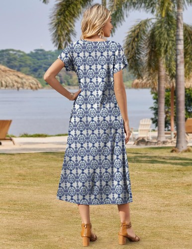 Summer Floral V-Neck Maxi Dress Short Sleeve Casual Beach Dress with Pockets - Picture 67 of 109