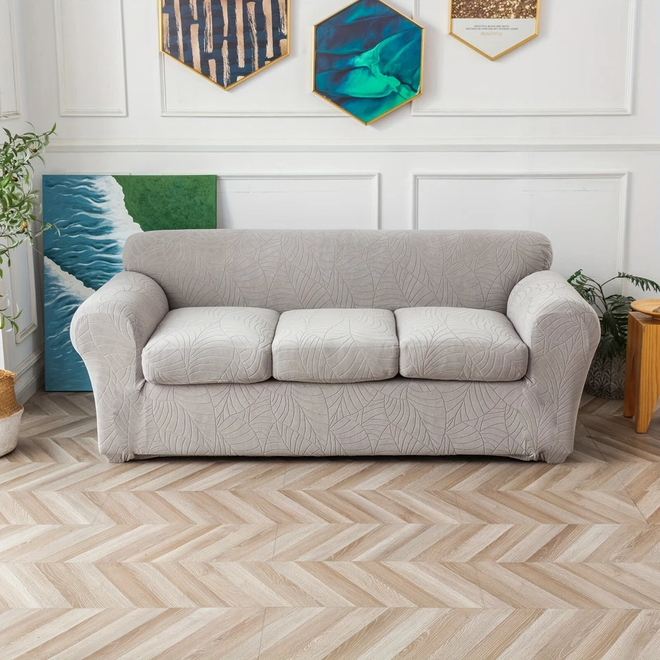 Juego de 4 fundas de sofá elásticas impermeables antideslizantes hojas jacquard con funda de cojín Foto 2 de 4