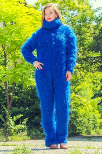 Blue mohair catsuit sweater fuzzy thick bodysuit turtleneck zentai overall - Picture 2 of 8