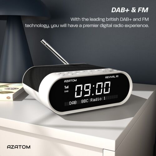 DAB+ FM Radio Reloj Alarma Altavoz Bluetooth Cargador USB AZATOM Renacimiento Blanco - Imagen 2 de 7