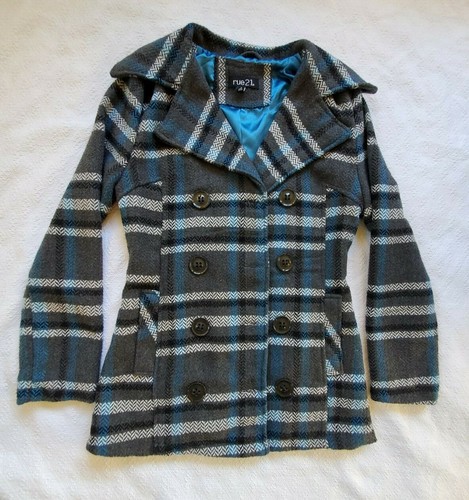 Rue 21 Pea Coat Gray Teal Black Plaid 