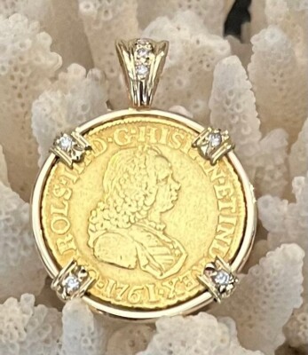 Gold Coin 22K Spanish Treasure Authentic Pirate Doubloon 2 Escudos 14K Diamonds