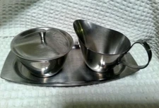 Vintage Beautiful W.E. 3 pc. Set Creamer Sugar & tray Danish Modern Stainless