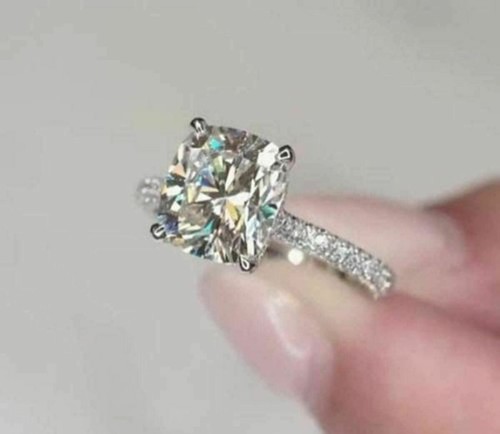 Anello di fidanzamento 3,55 ct taglio cuscino diamante creato in laboratorio oro bianco massiccio 14 carati - Foto 6 di 6