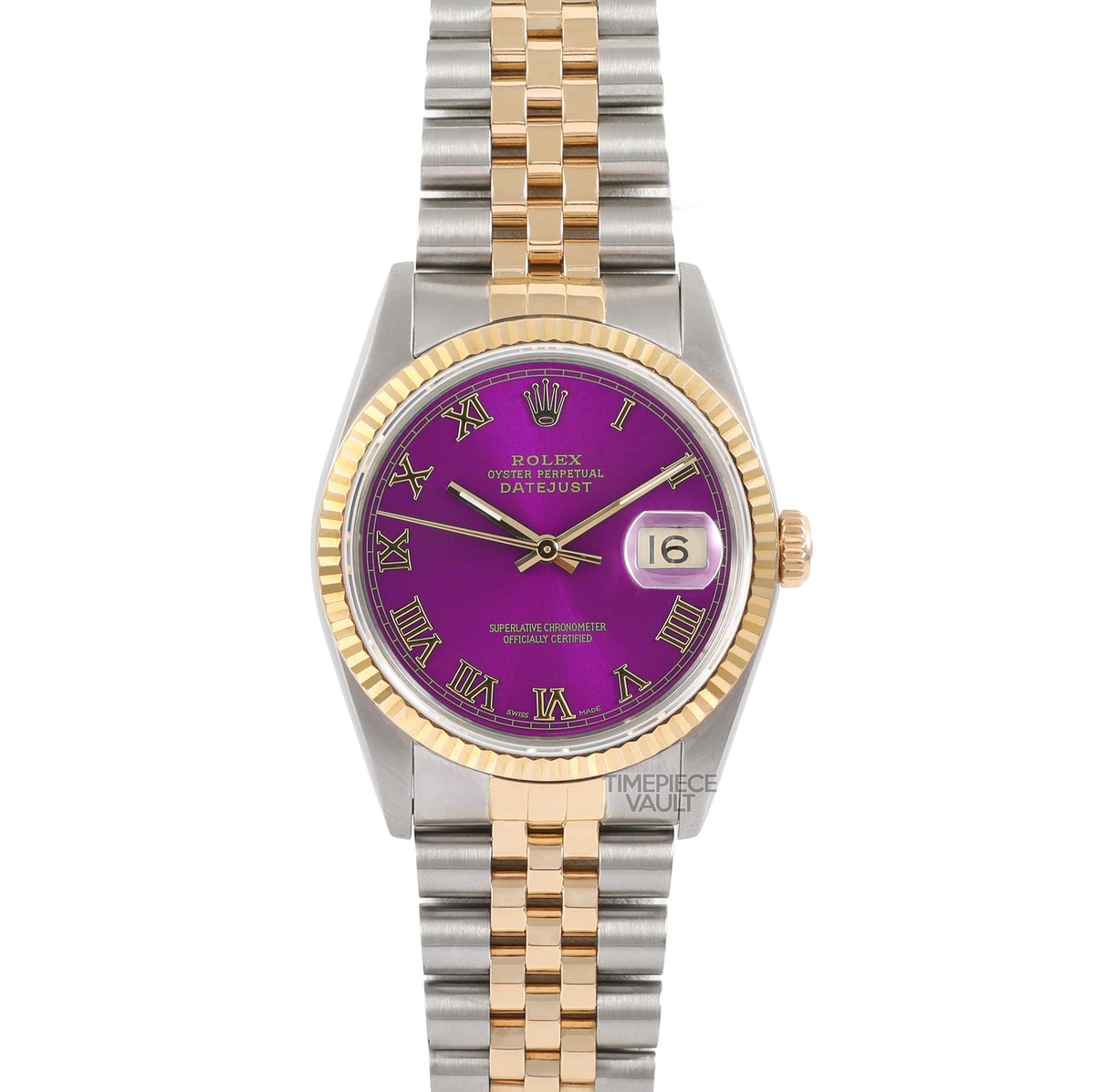 ROLEX DATEJUST 16013 GOLD & STEEL 36MM WATCH PURPLE ROMAN DIAL 18K