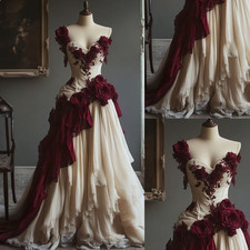Classic Wedding Dress Champagne Burgundy flowers with Straps A Line Bridal Gowns