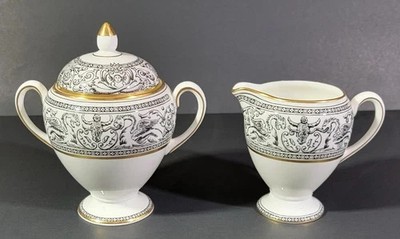 Wedgwood Florentine Black And Gold Sugar Bowl And Creamer