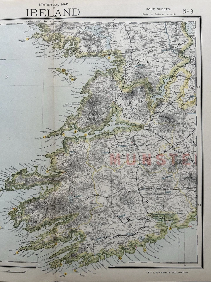 Mapa a color antiguo original de Irlanda del suroeste de 1883 por Letts Foto 3 de 3