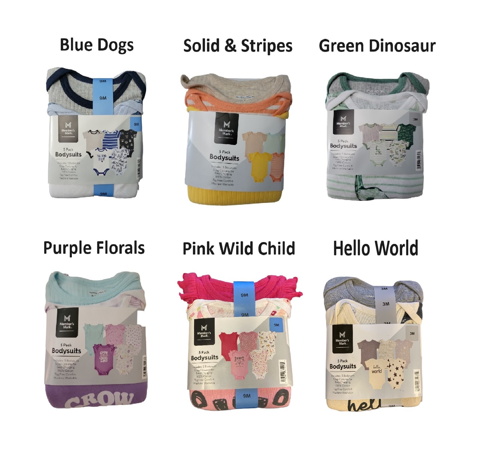 Member's Mark Snap Closure Tag-less Short Sleeve Baby 5 Pack Bodysuits