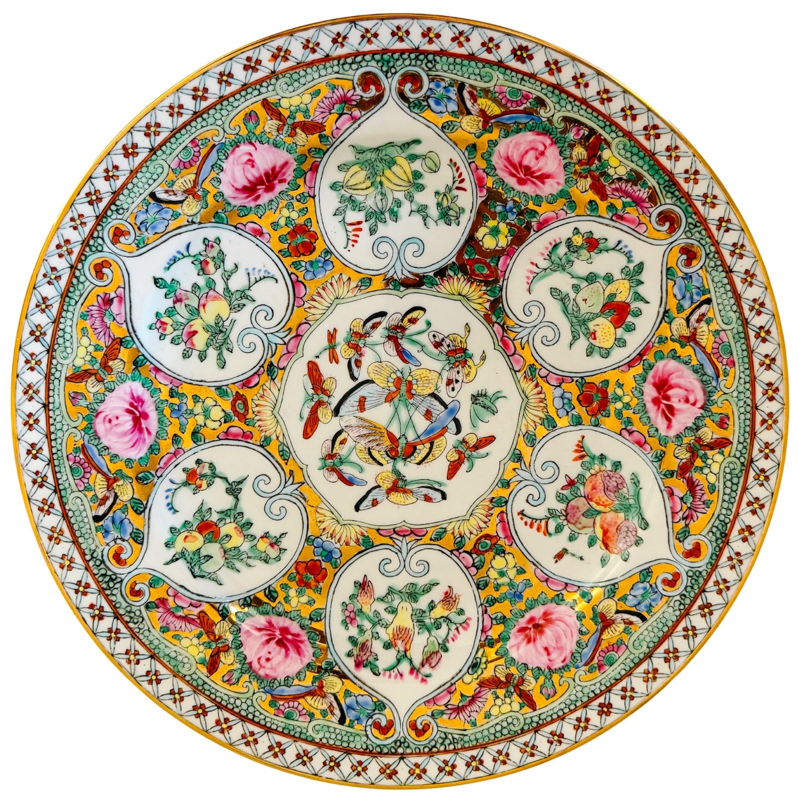 Famille Rose Canton Porcelain Plate with Lotus Medallions & Butterflies 10"
