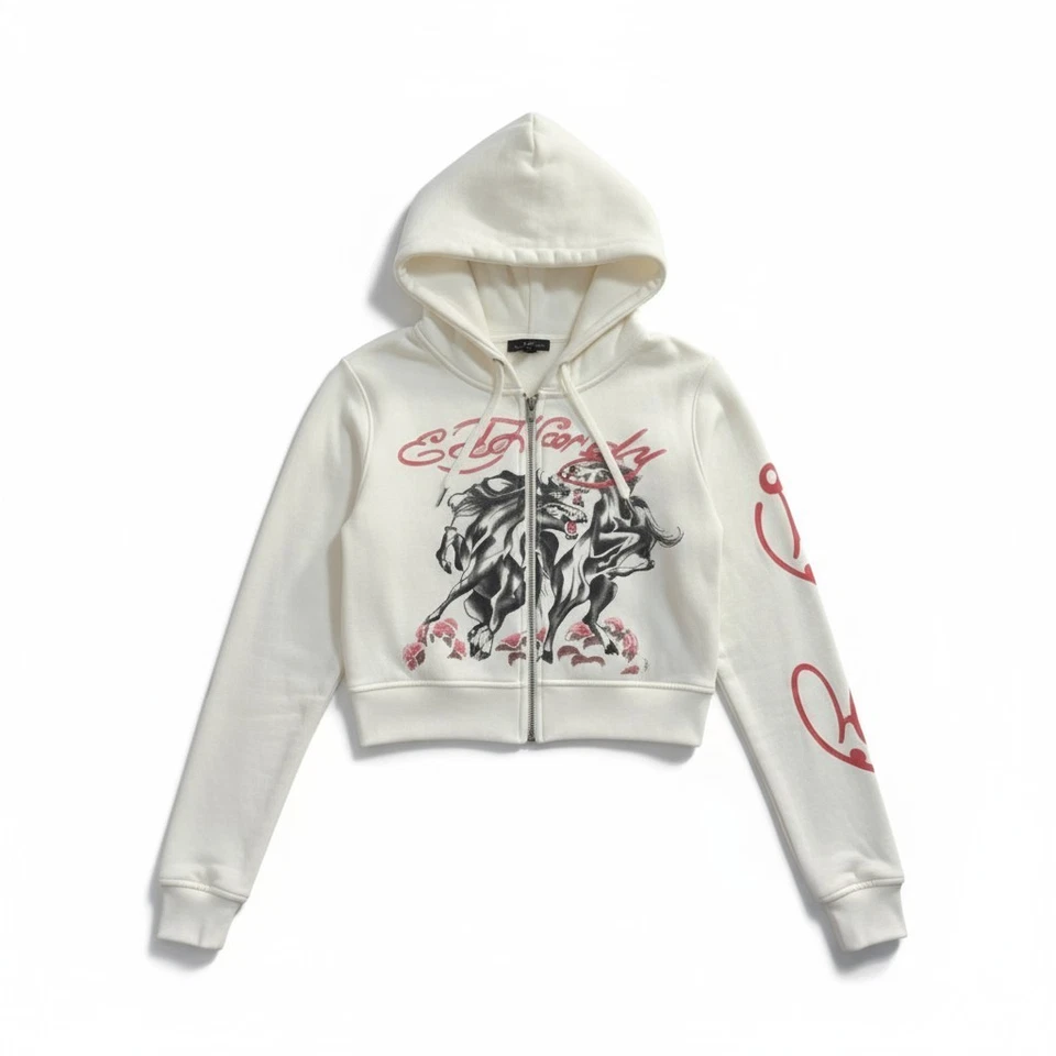 Sudadera con Capucha Recortada Ed Hardy Cremallera | Tatuaje Azul Bebé Pájaro y Rosa o Caballos Marfil Foto 4 de 4