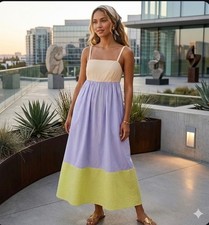 Tory Burch Colorblock Maxi Dress Small S Cotton Voile Tiered Blue Green Pockets