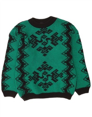 Stefanel Damen Pullover Pulli U-Boot-Ausschnitt UK 14 Large grün geometrisches Muster Wolle BC05