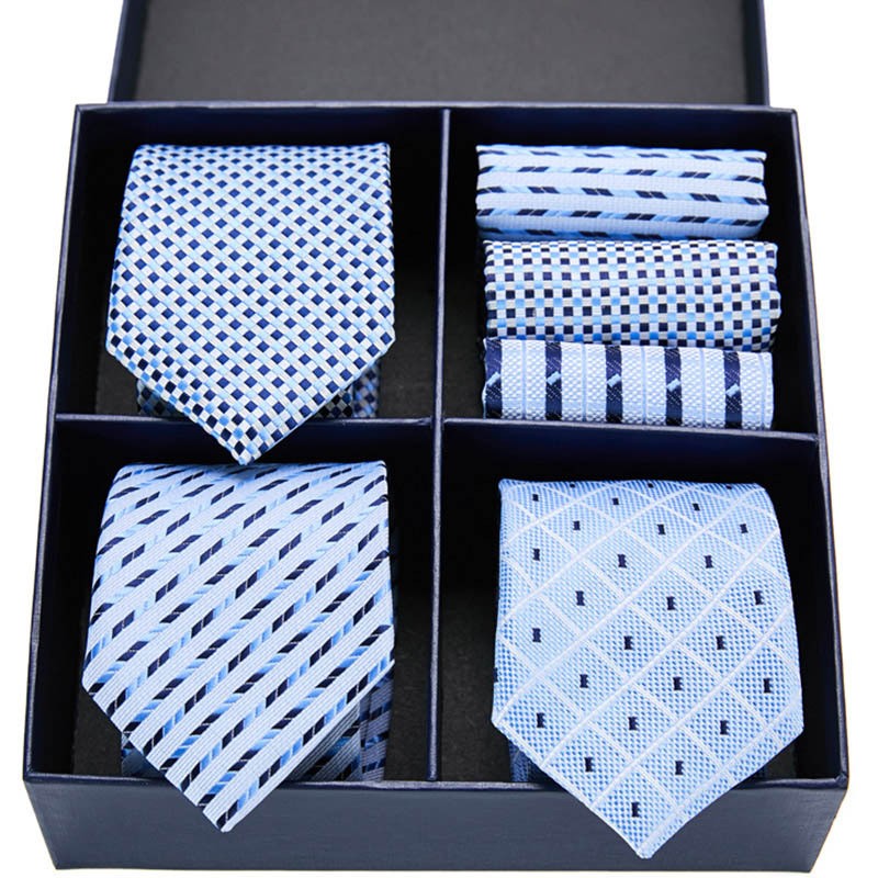 New Blue Striped 3 Necktie,3 Hanky Woven Satin Gentleman Business Work with Box