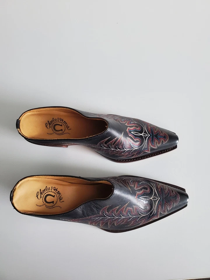 Charlie 1 Horse Lucchese Black Leather Slip On Mule Clog Western Size 6.5 B Foto 2 de 4