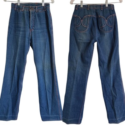 Vtg 70s N'est Ce Pas Sz 25 Medium Blue Indigo Orange Stitched Bootcut Jeans