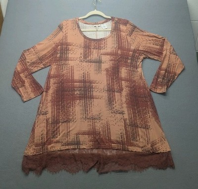 LOGO by Lori Goldstein Printed Knit Top with Lace Trim Rosewood XL QVC