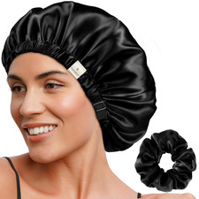 Adjustable Double Layer Satin Bonnet for Curly Natural Hair, Black