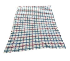 Vintage L.L.Bean Wool Blanket 74x67 Pink Blue Plaid Cottagecore Whipstitched