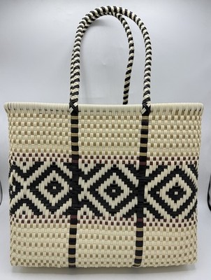 Handwoven Artisan Mexican Cream, Black Tote Bag NEW! Bolsa 12 x14 x6 